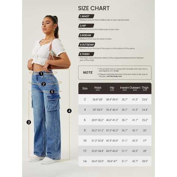 Women High Waisted Cargo Jeans Wide Leg Stretchy Denim Pockets Casual - Picture 4 of 6